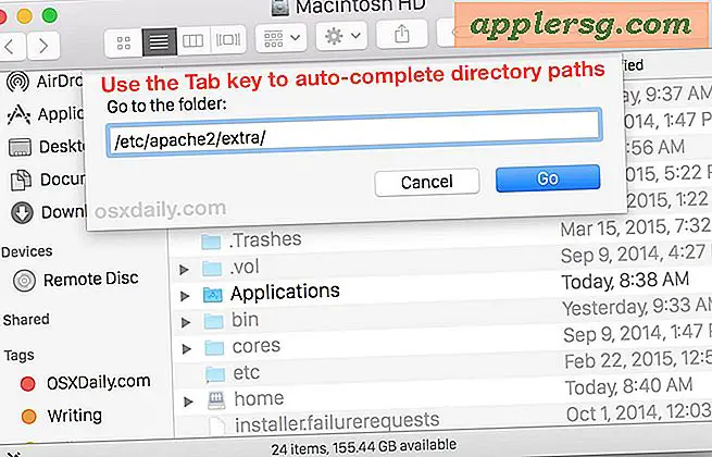 Brug fanen til automatisk fuldførelse af stier på Gå til mappeskærm i Mac OS X